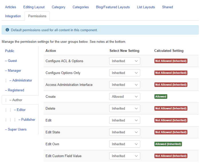 ACL Permissions Joomla Categories