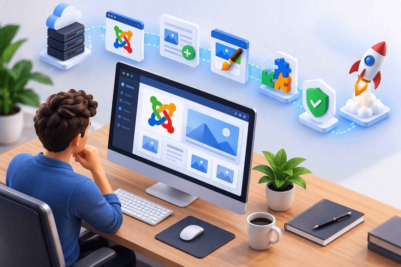 A young man sitting on his desk watching joomla tutorials