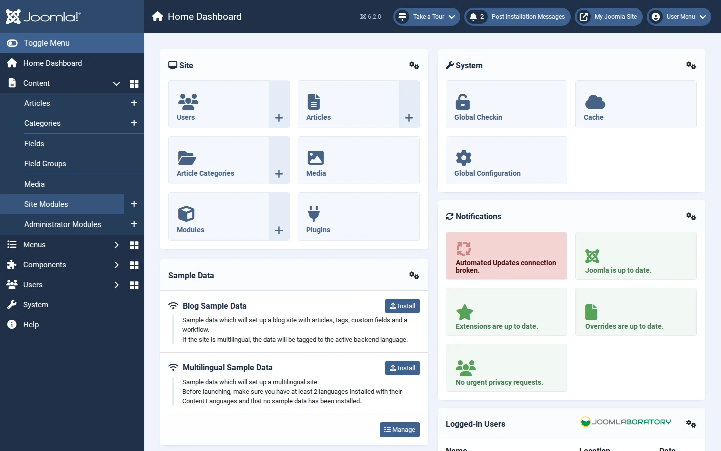 Joomla Dashboard